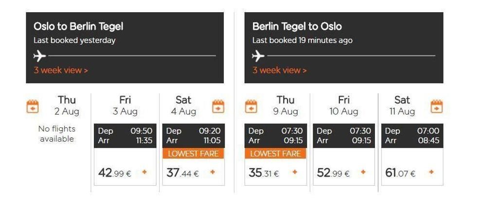 Priseksempler fra Easyjet Oslo-Berlin